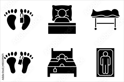 Dead body icon set. Death rate silhouette icon. Body in the morgue on white background