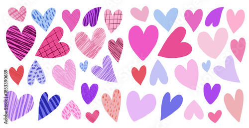 にぎやかなイメージのたくさんのハートと、手描きの落書きテクスチャー付きのハートのセット