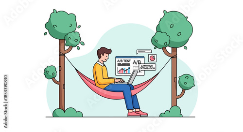 Man Relaxing in Hammock with Laptop.