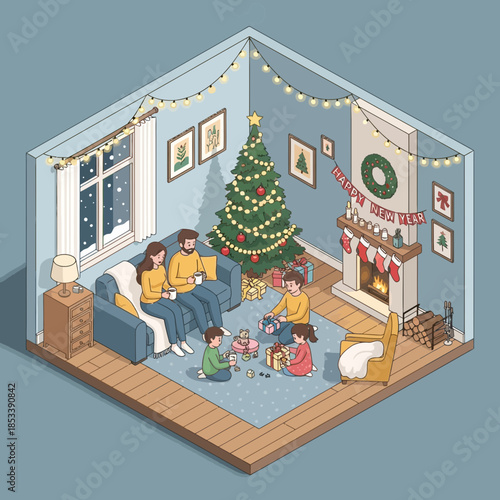Cozy Christmas Family Gathering in a Festively Decorated Living Room with Tree and Gifts