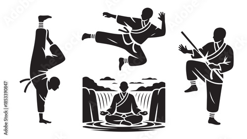 Martial Arts Silhouettes in Dynamic Poses with Black and White Contrast on White Background for Fitness Illustration