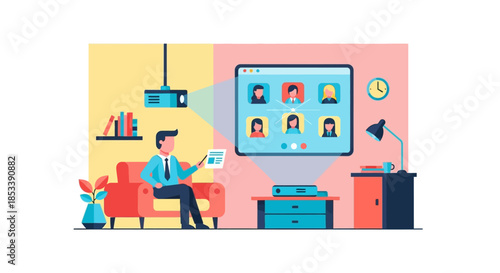 Man Videoconferencing on Laptop in Modern Office.