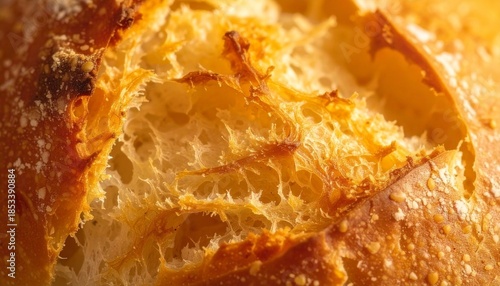 Macro close up of freshly baked rustic artisanal bread showing golden cracked crust and airy porous crumb texture