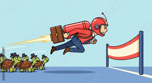 Man Wearing Jetpack Flying Over Turtles.