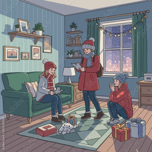 Cozy indoor holiday scene with family enjoying Christmas evening at home