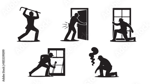 Burglar Breaking into House Silhouettes in Black and White with Dramatic Lighting for Security Illustration