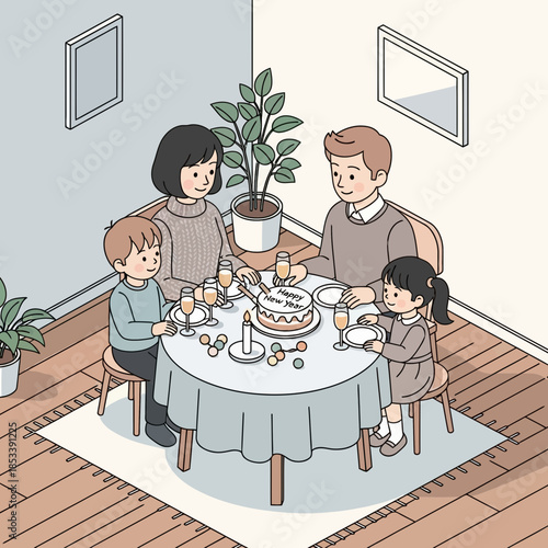 family celebration with children enjoying birthday cake around a table at home