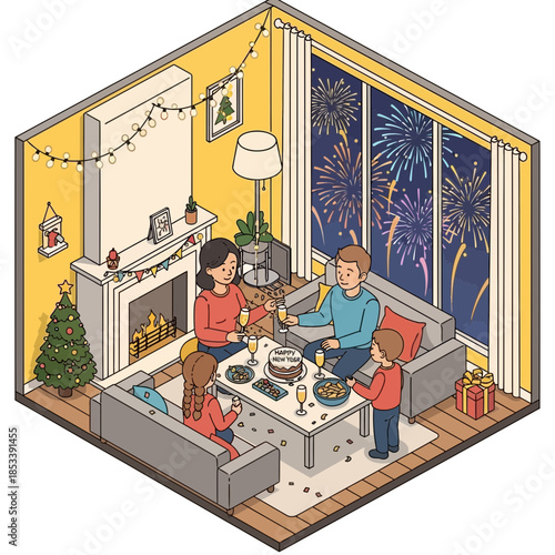 Joyful family celebration with fireworks viewing and cozy indoor gathering during the holiday season