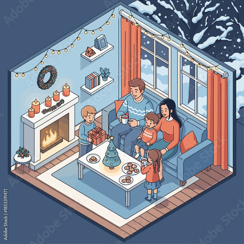 Warm Family Christmas Celebration in Cozy Living Room with Fireplace and Holiday Decorations