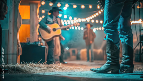 Country music festival live with cowboys in barn concept. Country music performance in a rustic setting with festive lights and cowboy boots.