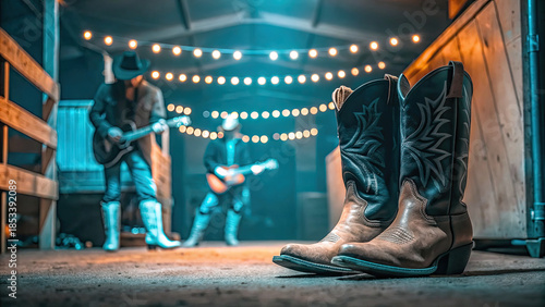 Country music festival live with cowboys in barn concept. Stylish cowboy boots in focus with musicians performing in a rustic barn setting.