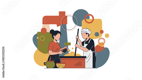 Teamwork in the Kitchen Two Cooks Collaborating on a Recipe.