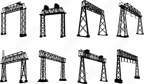 Gantry crane silhouette set, industrial lifting machine vector, black construction equipment icons, heavy load infrastructure design, factory concept art
