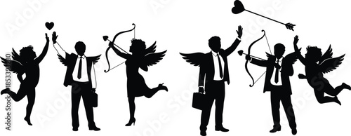 Black Silhouette Icons of Business People and Winged Cupid Figures, Symbolizing Corporate Love and Romance, Arrows and Hearts, Business Partnership, Valentine's Day Marketing Concepts, White B