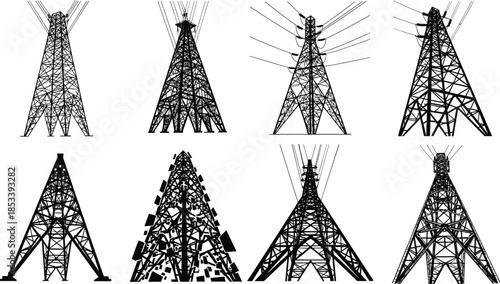 High voltage electricity transmission tower silhouettes set, power line pylons collection, industrial energy infrastructure illustration isolated on white background
