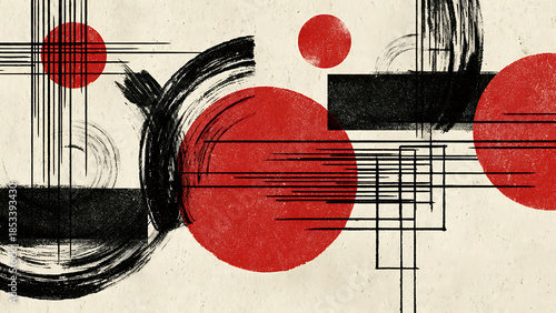 A fusion of Japanese Zen ink wash (Sumi-e) and Swiss Style graphic design, featuring red circular motifs, black brush strokes, and structured grid layouts on a textured off-white background