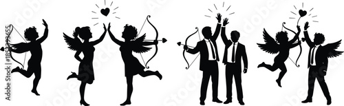 Black Silhouette Icons of Businessmen and Cupid Figures with Bows and Arrows, Celebrating Love and Partnership, Corporate Romance, Valentine's Day 