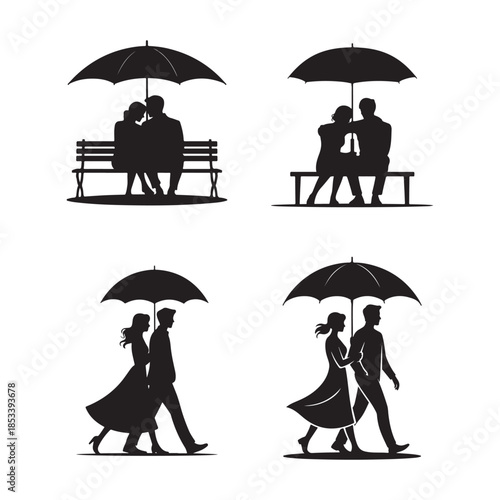 Silhouettes of couples sharing intimate moments under umbrellas sitting and walking depicting romance and togetherness