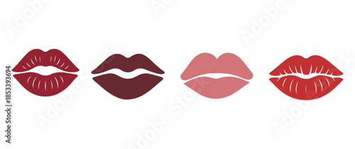 A collection of four distinct lipstick kiss imprints showcases varying shades of red and pink hues against a white background