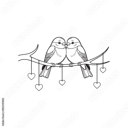 Two adorable birds perched on a branch lovingly touching beaks amidst hanging heart shapes creating a sweet scene