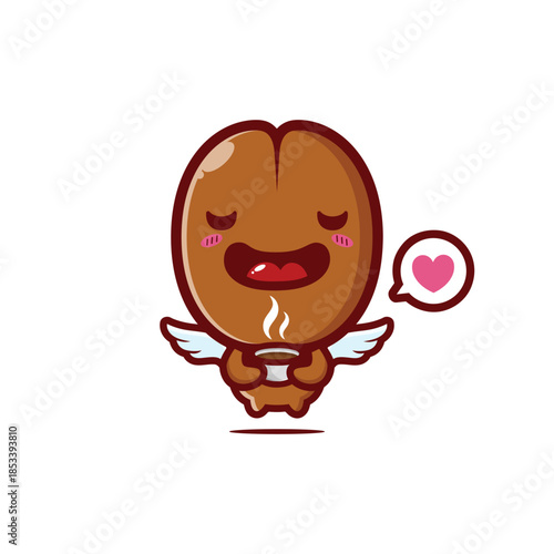chibi mascot of flying coffee beans inhaling the aroma of coffee