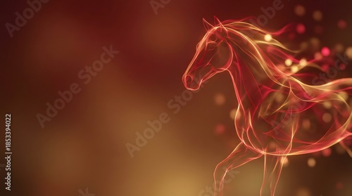 A galloping horse outlined in glowing red lines against a dark, blurred background with golden lights