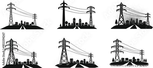 Transmission tower cityscape vector, urban power line illustration, black and white infrastructure art, electricity distribution silhouette, engineering design concept