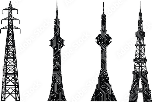 Telecommunication towers, broadcasting masts, silhouette vector, circuit pattern design, modern infrastructure, technology theme, communication structure, digital signal, urban tech art