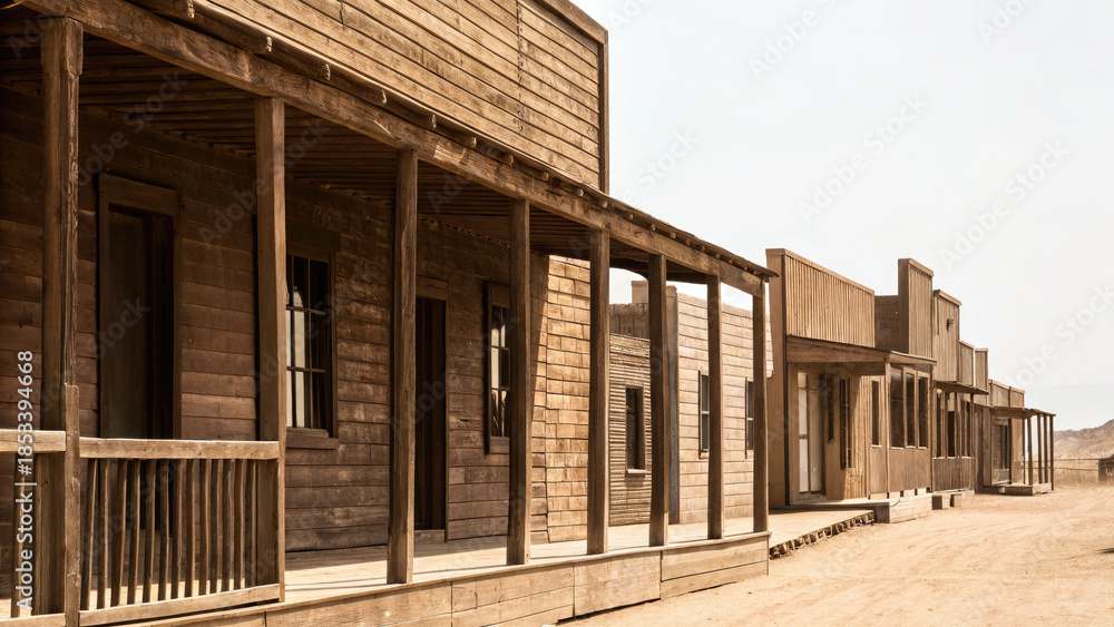 Obraz premium Empty street in old wild west wooden town concept. Desert town with rustic wooden buildings and empty streets.