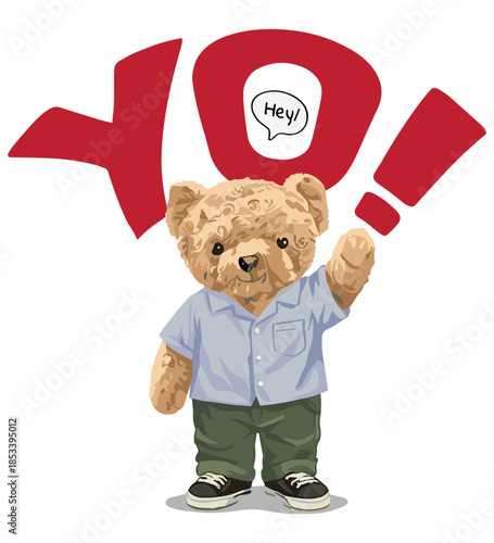 Cheerful teddy bear saying yo with a raised hand, offering a friendly greeting in a delightful vector illustration for greeting cards