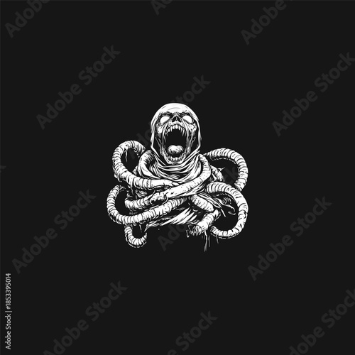 Vintage hand drawn illustration of a screaming skeletal mummy wrapped in tangled bandages.