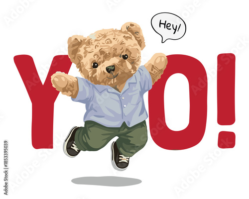 Joyful teddy bear jumping in the air while saying hey, a vibrant and dynamic vector illustration suitable for modern designs