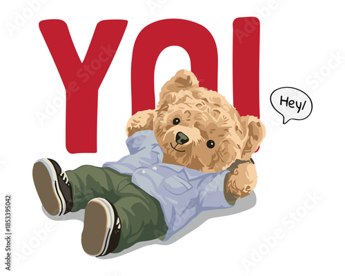 Relaxed teddy bear laying down, saying hey, a cheerful vector illustration that spreads good vibes, ideal for casual and fun designs