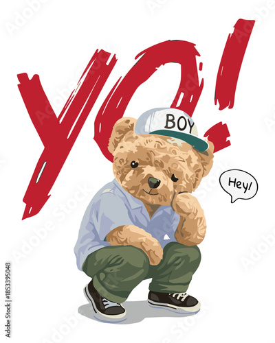Stylish teddy bear squatting with cap saying hey, creating a trendy vector design perfect for youth-focused branding and playful campaigns