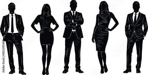 Black silhouette set of elegant business people, men wearing suits and women in dresses, professional corporate team, isolated vector.