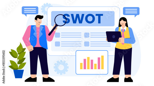 Business people conducting SWOT analysis Flat Vector Illustration