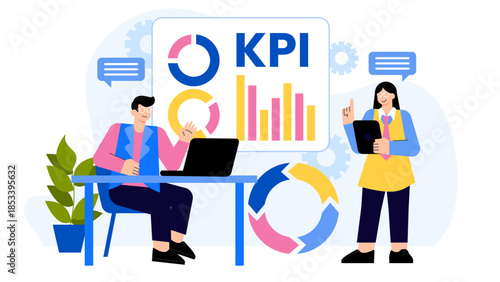 Business team monitoring KPIs and goals Flat Vector Illustration