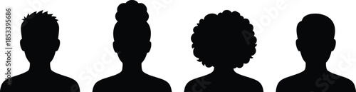 Black silhouette user avatar collection, diverse hairstyle head icons, male female profile set, vector illustration, anonymous face, social media graphic.