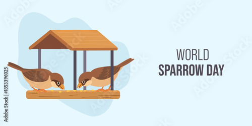 Sparrows feeding on wooden birdhouse illustrate warm nature scene for World Sparrow Day awareness, highlighting World Sparrow Day message and supporting wildlife protection.
