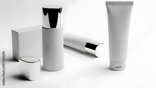 Blank white cosmetic packaging mockup set with silver caps including bottles and tubes top view
