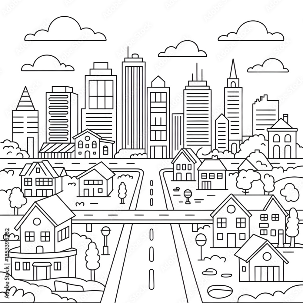 Fototapeta premium City Skyline Coloring Page line art