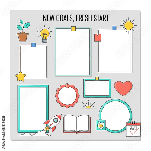 New Goals, Fresh Start: Vision Board with Rocket, Lightbulb, Plant, Heart & Calendar