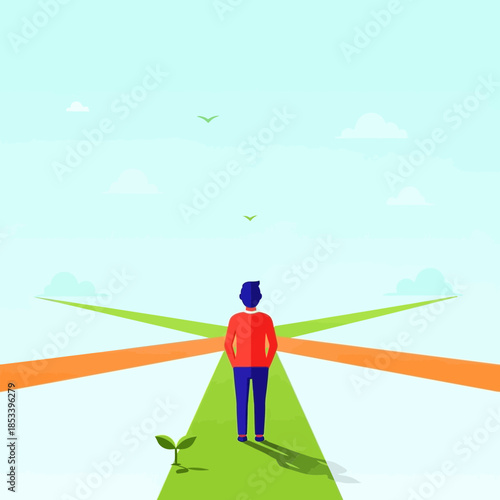 Person standing at crossroads, choosing a path, growth and decision concept