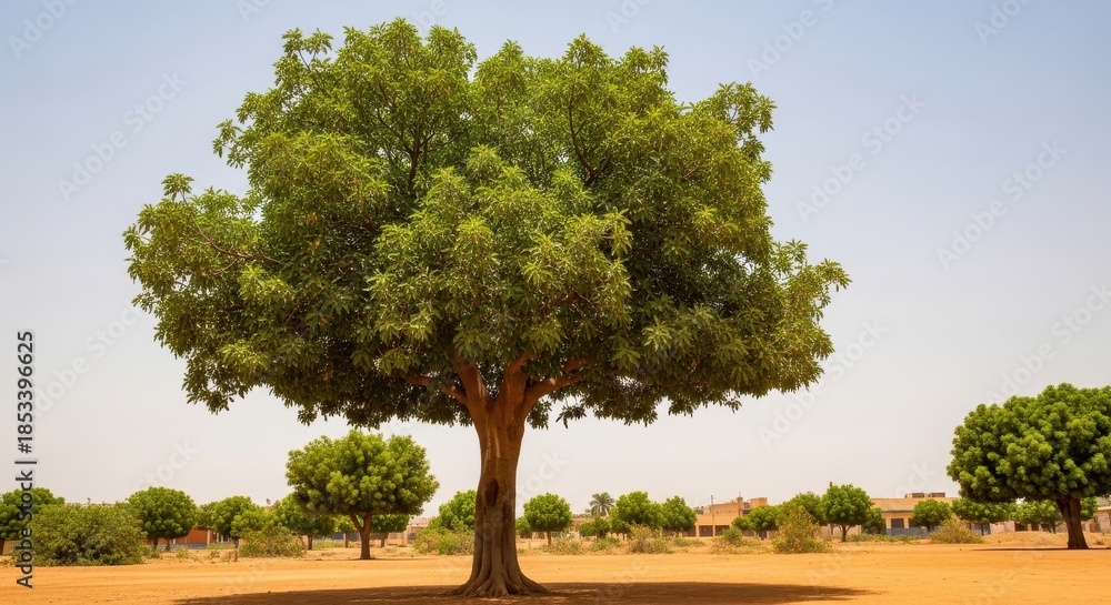 Fototapeta premium Majestic tropical tree standing tall in a vast African savanna landscape