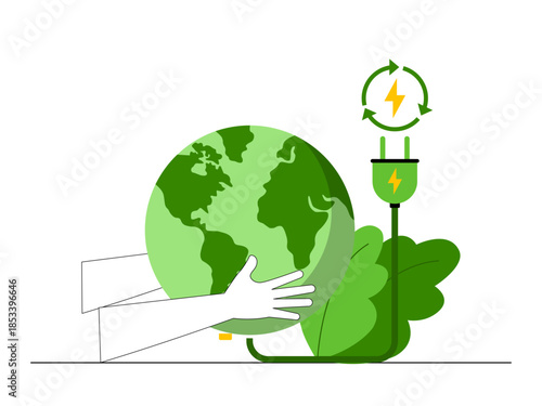 Energy conservation and eco-friendliness of using less energy to reduce consumption and demand on natural resources. Green energy vector illustration. Flat illustration concept.