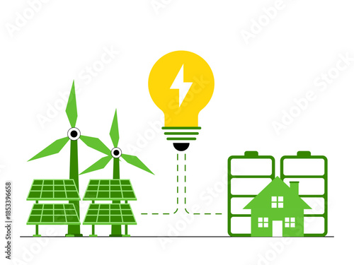 Renewable energy sources such as solar panels and wind turbines generate electricity, and the energy is stored in batteries to power homes. Green energy vector illustration. Flat illustration concept.