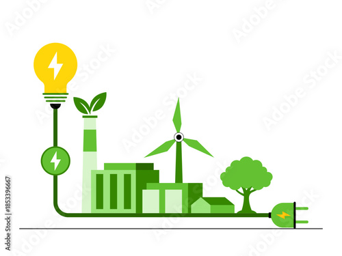 The use of clean energy sources like wind power helps reduce greenhouse gas emissions and air pollution compared to fossil fuels. Green energy vector illustration. Flat illustration concept.