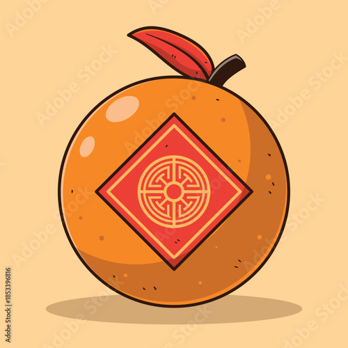Mandarin orange with chinese good fortune seal sticker hand drawn vector illustration on yellow background