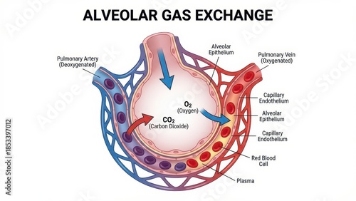 Detailed Diagram of Alveolar Gas Exchange Process in Human Lungs Illustrating Oxygen and Carbon Dioxide Transfer Mechanism