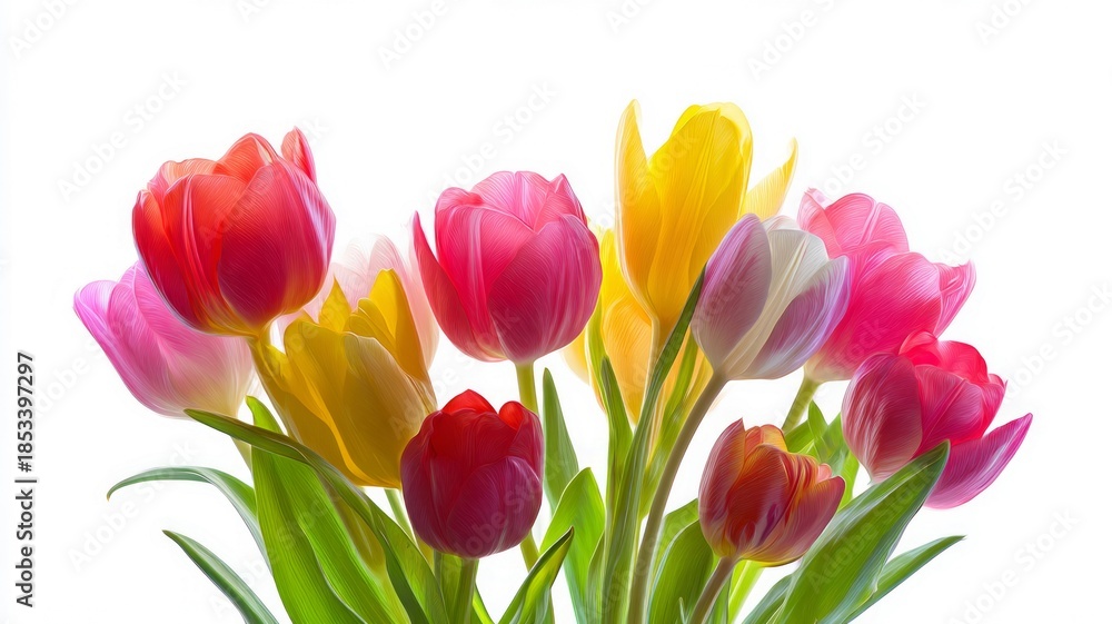 Naklejka premium Vibrant tulip bouquet on white background. AI generated